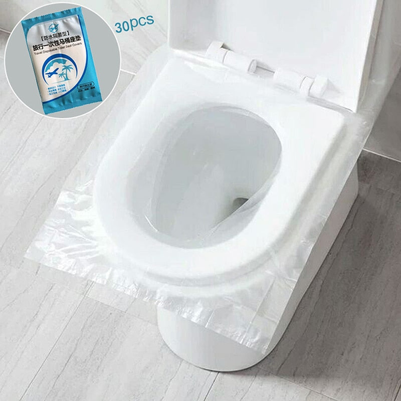 Pakke med engangs toalettsetetrekk i hvit plast, gir hygienisk beskyttelse for hele familien.