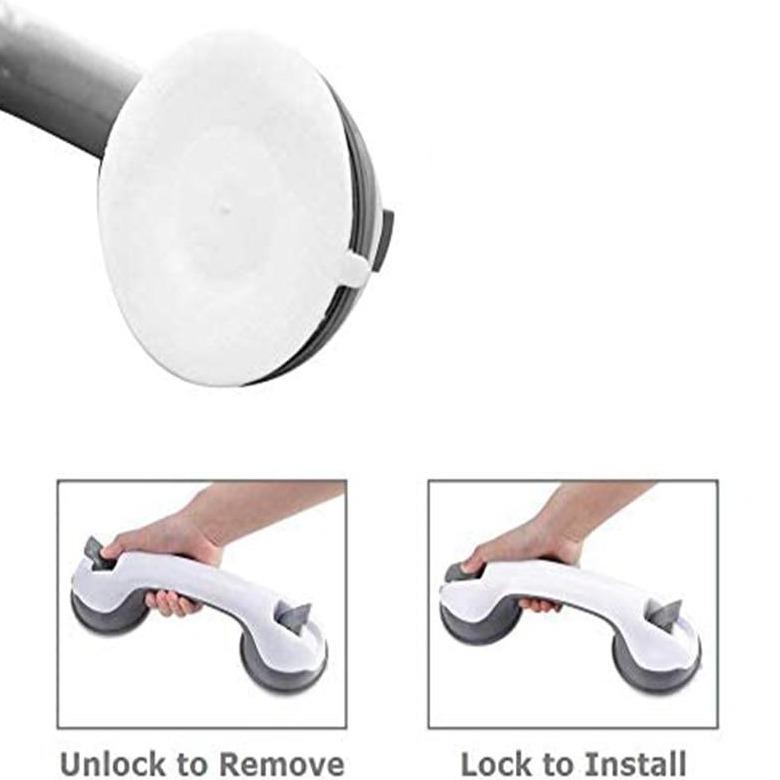 Ergonomisk baderomsgrep med sugekopp for enkel montering. Perfekt for barn og eldre i dusjen.