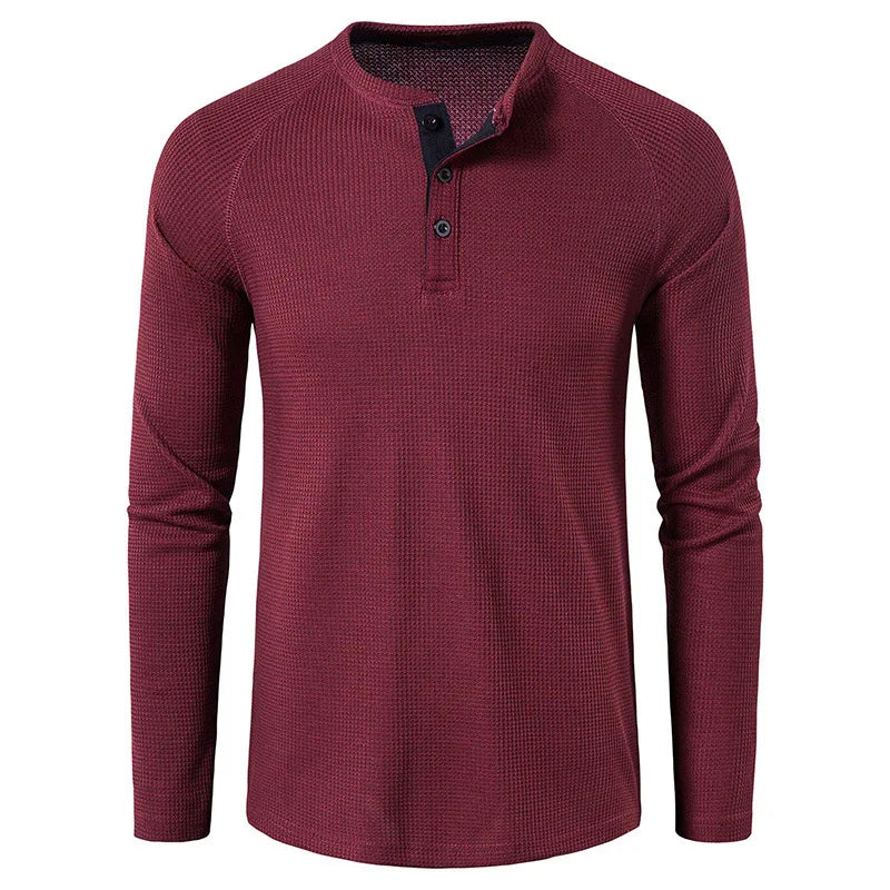 Motebevisst herre t-skjorte: langermet, vaffelstruktur, Henley-stil, slim fit.