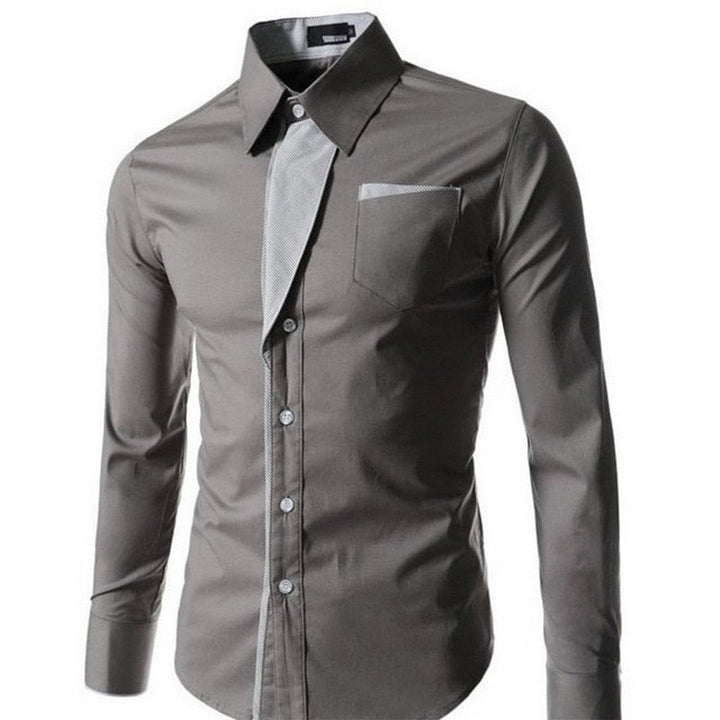 Detaljbilde av kragen på en elegant slim fit herreskjorte, perfekt for slips eller åpen hals.