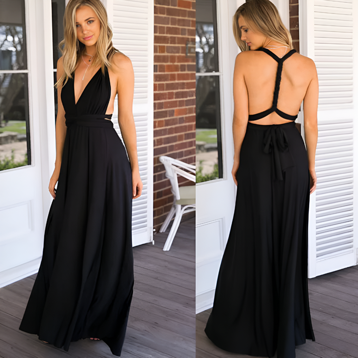 Elegant multiway wrap kjole for kvinner i jerseystoff. Perfekt festkjole og reisekjole med justerbar passform.