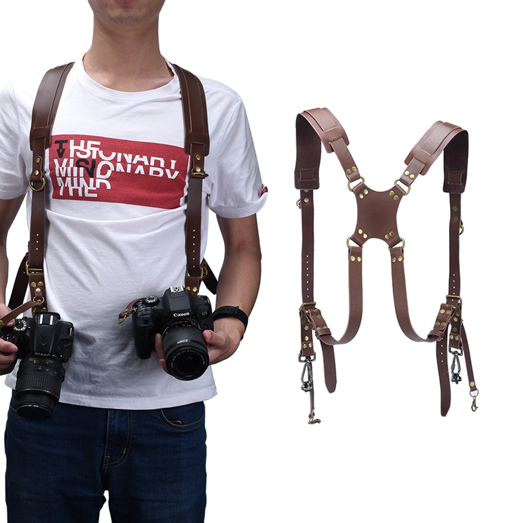 Brun dobbel skinnrem for digitalkamera. Komfortabel kamerasele for DSLR/speilløst, justerbar og robust.