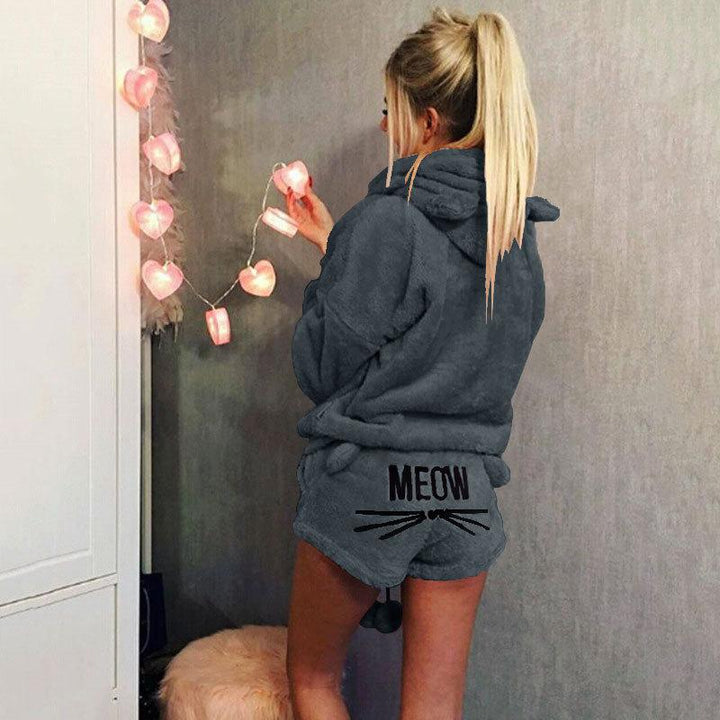 Avslappende jentepyjamas, koselig "Meow" kattemønster, termisk hjemmeklær.