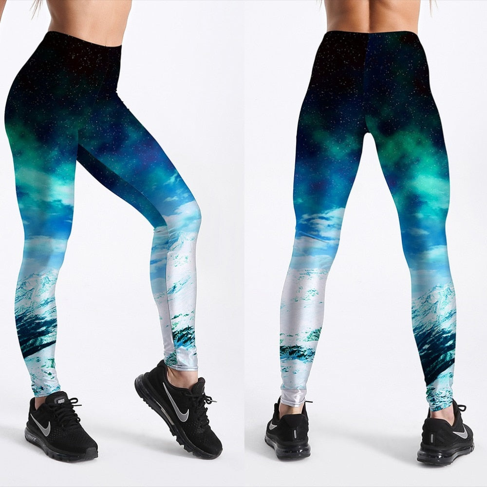 Nærbilde av galakse leggings tekstur, fremhever det unike og detaljerte 3D-trykket.
