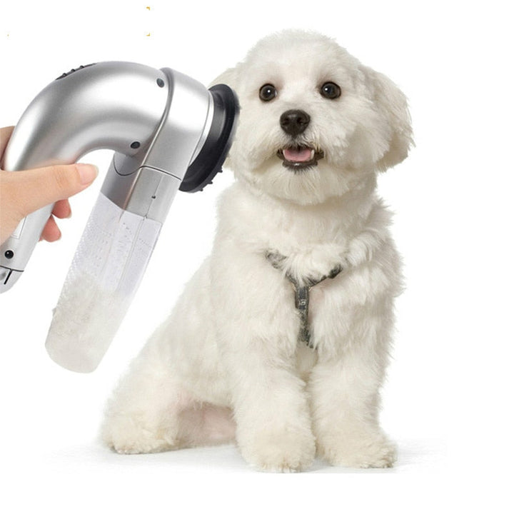 Håndholdt kjæledyrstøvsuger i bruk på en golden retriever, fjerner løs pels effektivt.