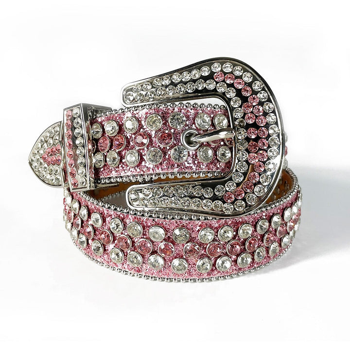 Unisex diamantbelte med glitrende rhinestones i skinnimitasjon, perfekt for fest og mote.