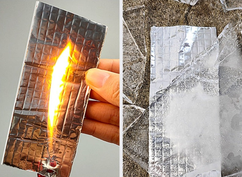 Detaljbilde av selvklebende bakside på vanntett aluminiumstape. Klar for sterk, langvarig forsegling av lekkasjer.