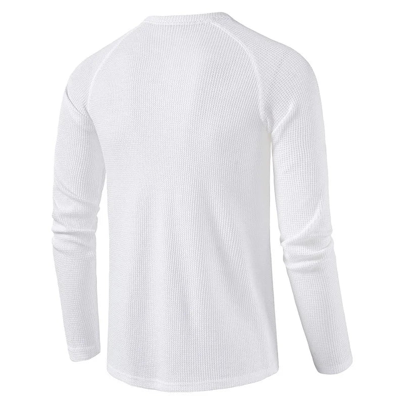 Stilren herre Henley t-skjorte, vaffelbomull, lang erm, slim fit, perfekt til enhver anledning.
