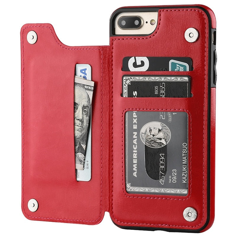 Elegant iPhone lommebokveske i slitesterkt PU-skinn med kortholder, stativ og full beskyttelse.
