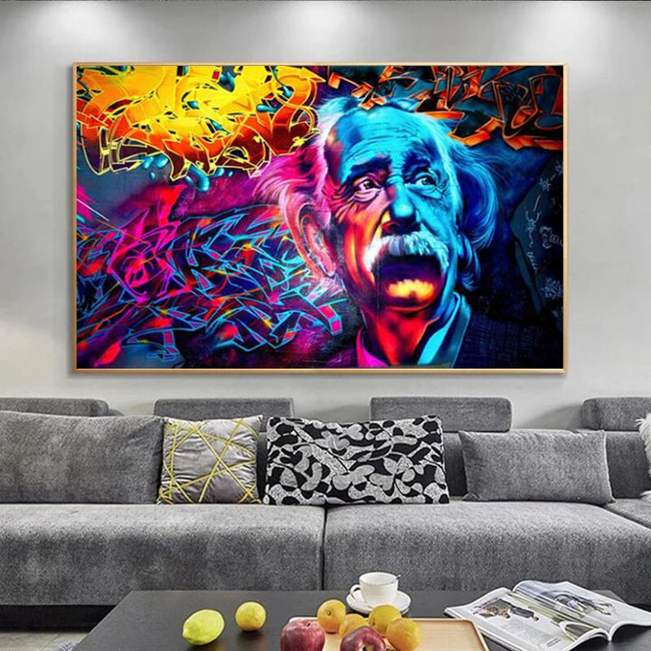 Levende graffiti kunst på lerret med Einstein motiv. Moderne veggdekorasjon som passer i alle rom.
