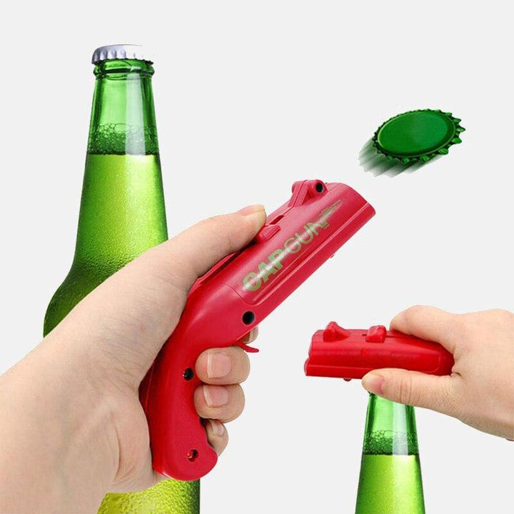 Flaskeåpner og ølhettepistol i ett, et unikt barutstyr og morsom gaveidé for fester.