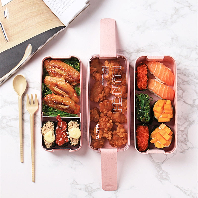 Bærekraftig 3-lags bento matboks i hvetestrå som holder maten frisk.