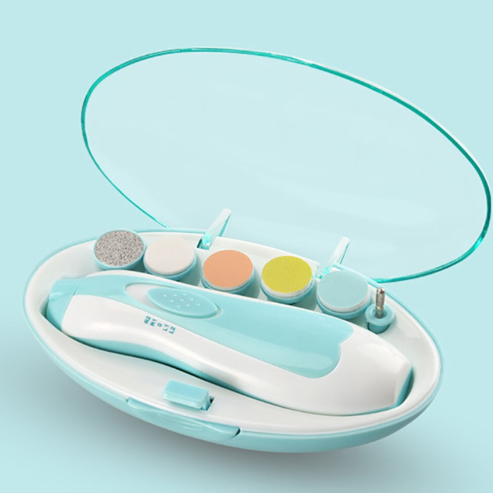 Rosa og blå elektrisk negletrimmer for nyfødte, trygg neglestell for baby uten ubehag.