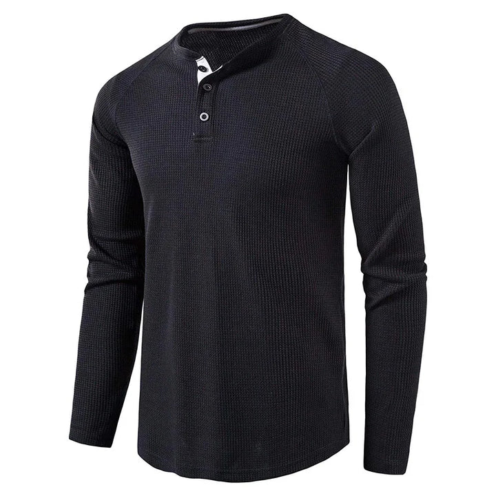 Slim fit herre t-skjorte, langermet, med klassisk Henley-knapping og vaffelmønster.