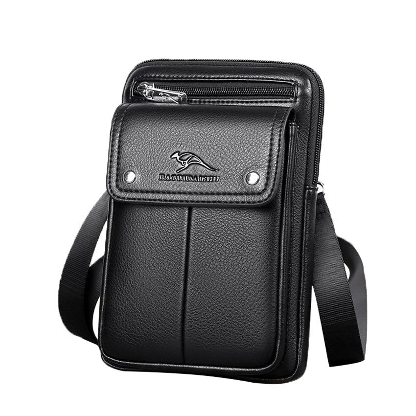 Elegant svart crossbody-veske i skinn for menn, perfekt for organisert hverdagsbruk.