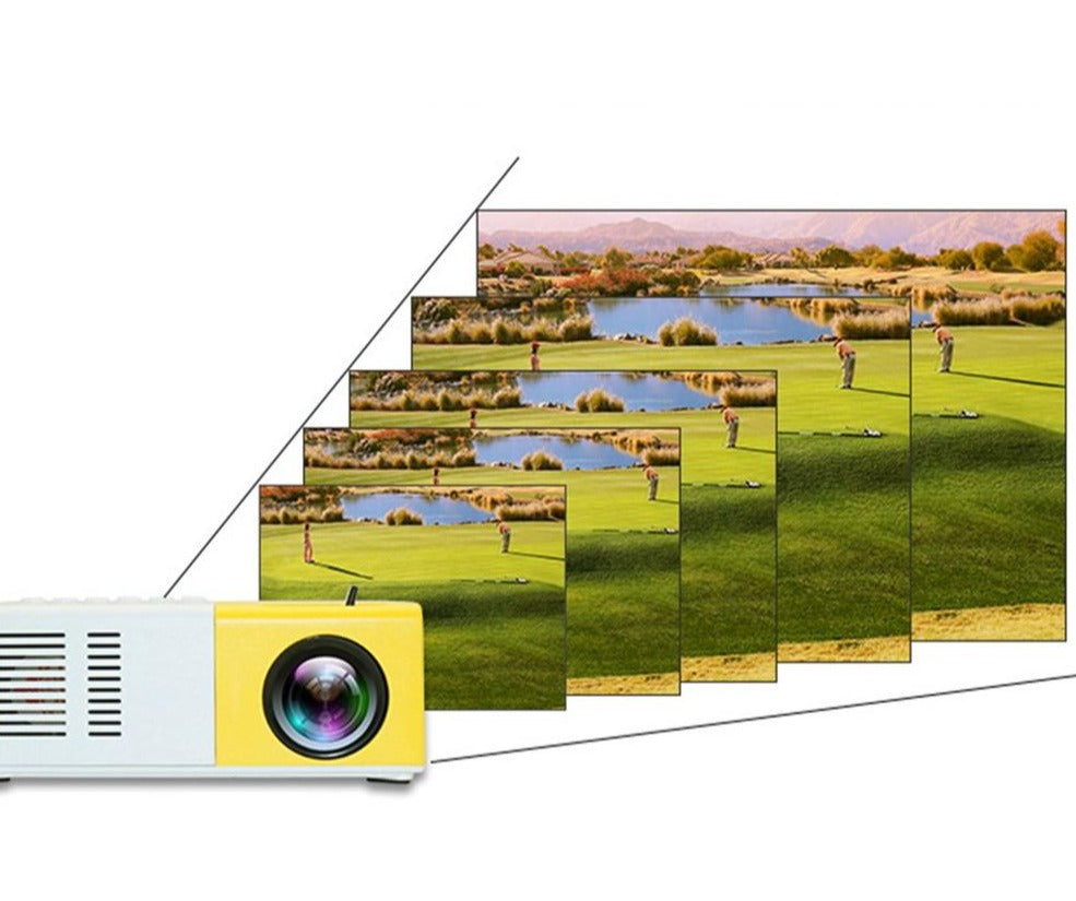 Kompakt miniprojektor viser film og bilder. Ideell for hjemmekino, reise og presentasjon. Enkel å bruke.