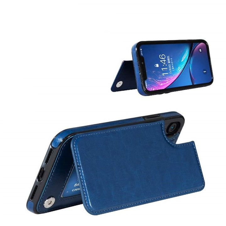 iPhone beskyttelsesdeksel i PU-skinn med plass til kort og innebygd stativ; perfekt for hverdagsbruk.