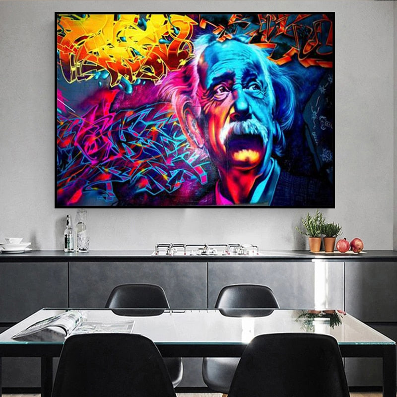 Einstein graffiti veggkunst på lerret. Unik dekorasjon i moderne stil for din stue.