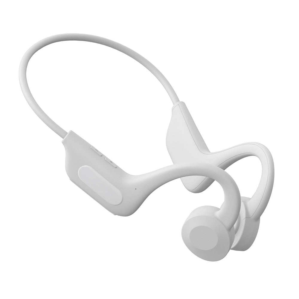 Nærbilde av trådløse beinledningshodetelefoner som viser ergonomisk design og komfortabel passform.