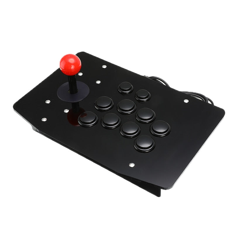 Detaljert bilde av svart USB arkade joystick, en robust gamingkontroller for PC og retrospill.