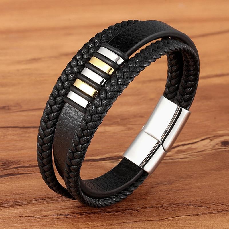 Allsidig herrearmbånd i ekte skinn. Klassisk design med sikker magnetlås i rustfritt stål. Perfekt stil.