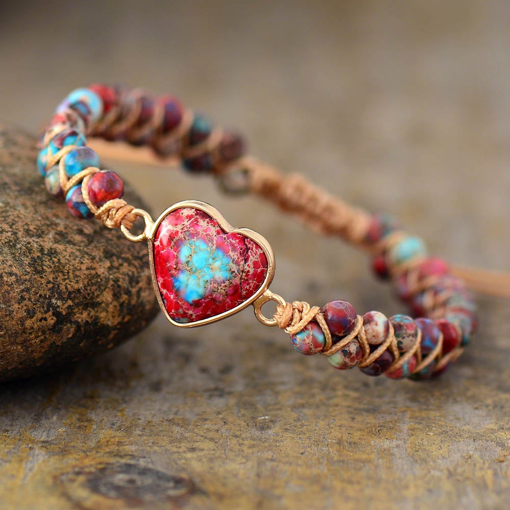 Unisex armbånd med healingstein jaspis og turkis. Gir energi og balanse. Flettet design.