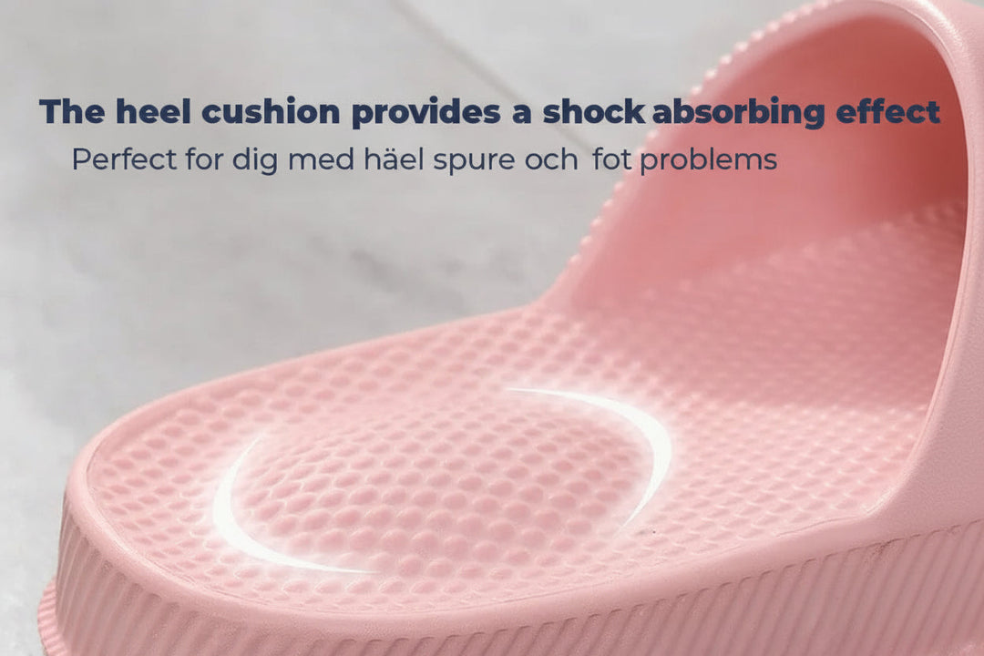 Hæltøfler designet for innendørs og utendørs bruk, med fokus på ergonomi, komfort og fotsupport.