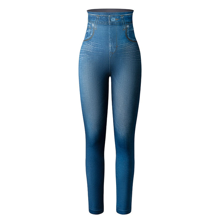 Blå elastisk jeans-leggings for kvinner, perfekt for komfortabel hverdagsmote.