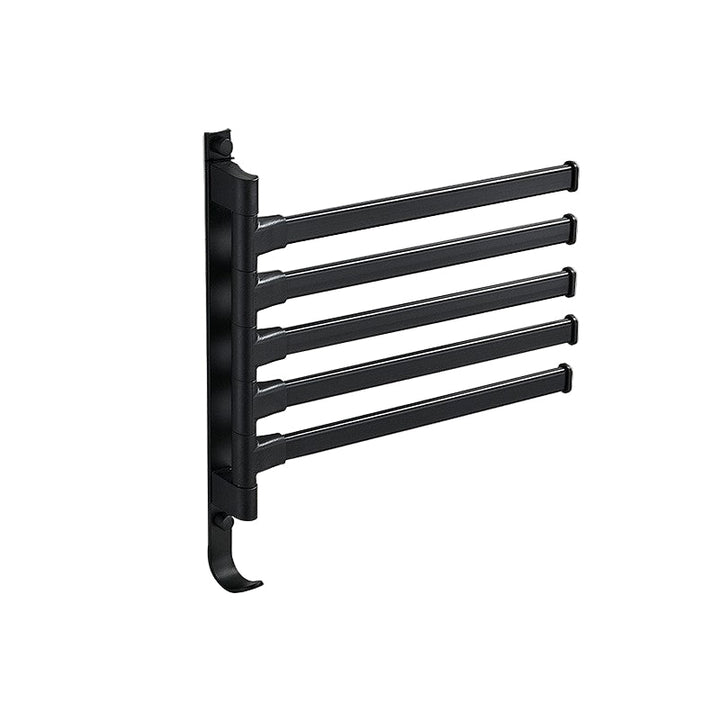 Moderne svart håndkleholder med 5 svingbare armer for veggmontering på badet, praktisk håndklestativ og oppbevaring.