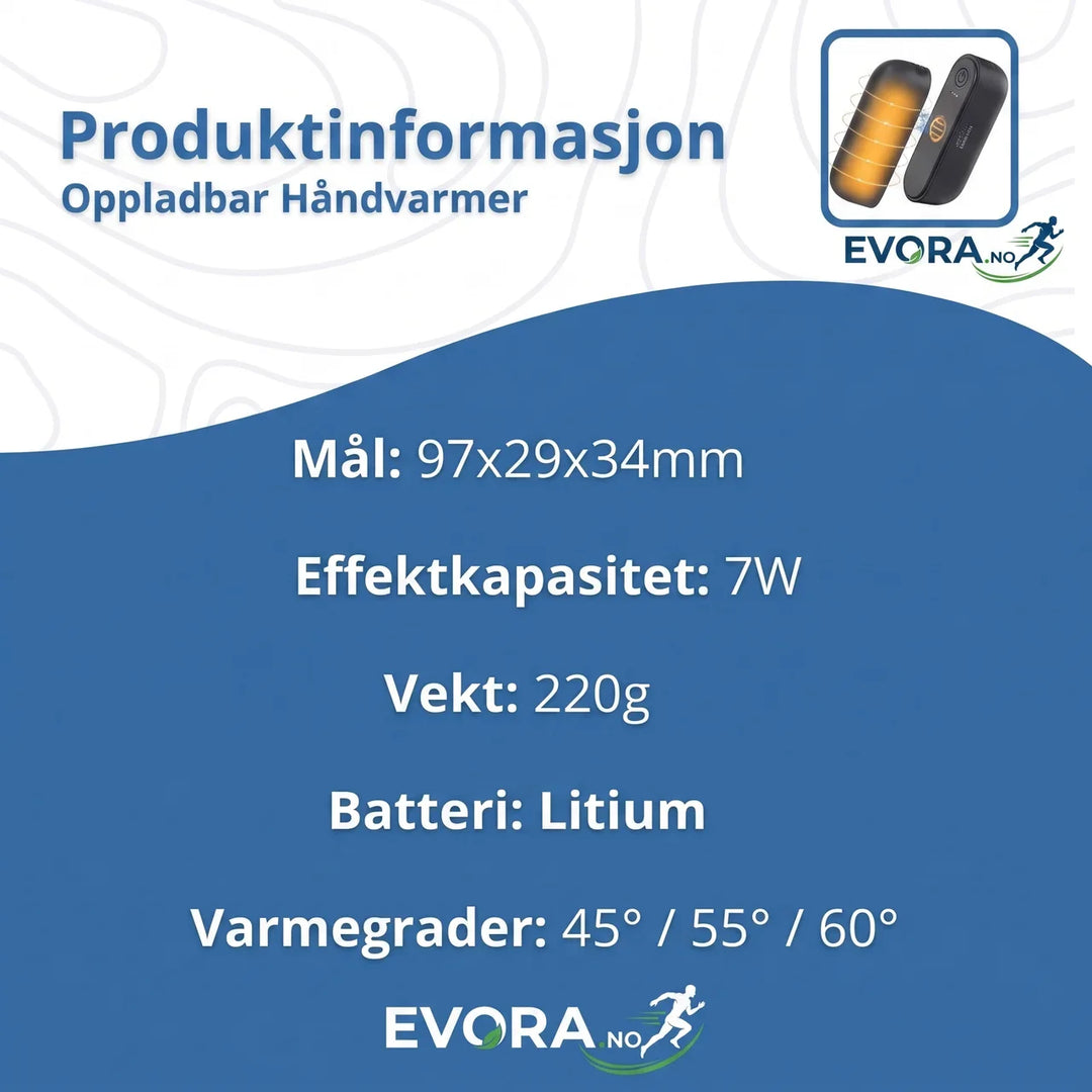 Håndvarmere, oppladbare, kompakte. 3 varmenivåer for utendørs, friluftsliv og varme vinterdager. USB-lading.