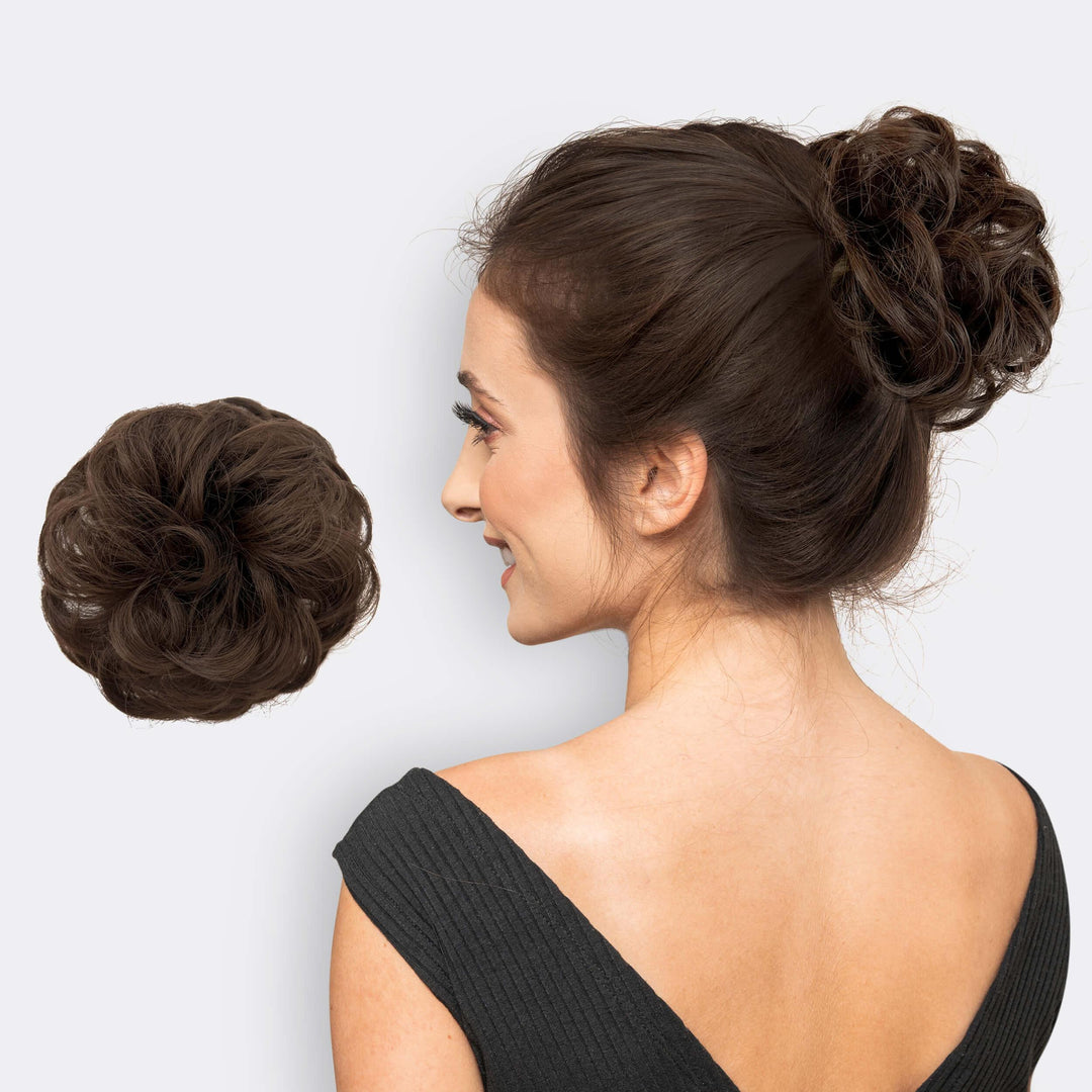 Elegant volum scrunchie i syntetisk hår. Gir en rask, fyldig bolle og en fin hårknute.