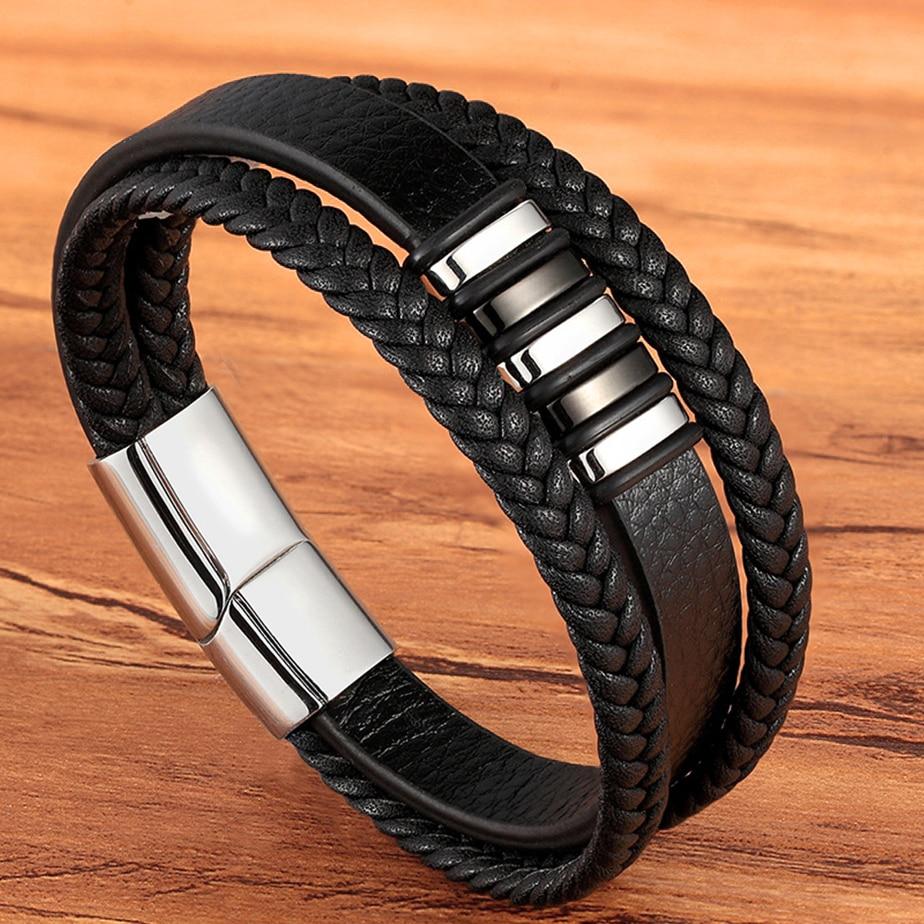 Stilrent herrearmbånd i ekte skinn. Kombinasjon av vintage og moderne stil med rustfri magnetlås for menn.