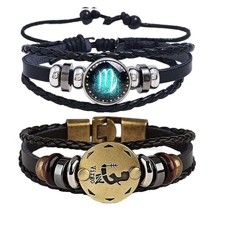 Flerlags PU-skinn armbånd med utskiftbar stjernetegn medaljong for kvinner. Trendy tilbehør.