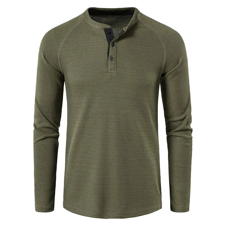 Myk bomull Henley for menn, langermet og slim fit med fin vaffeltekstur til vår.