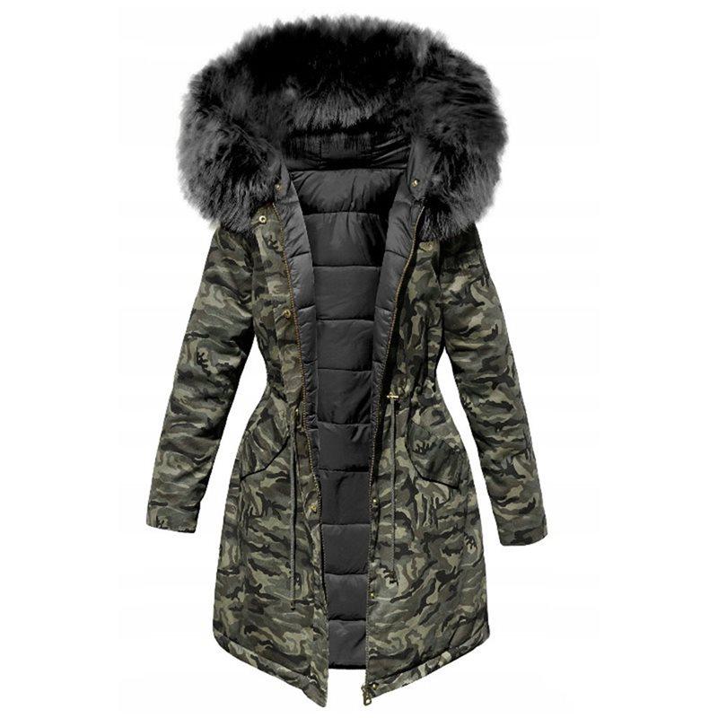 Stilfull kamuflasjeparkas for kvinner, varm vinterjakke med snøring.