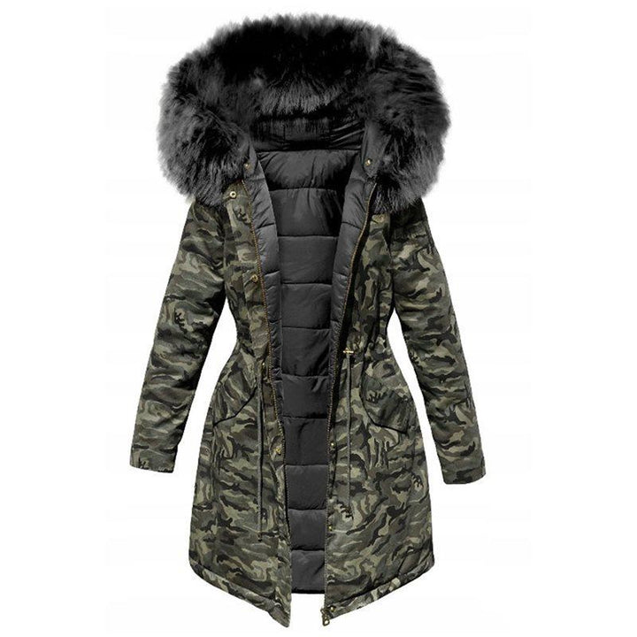 Stilfull kamuflasjeparkas for kvinner, varm vinterjakke med snøring.