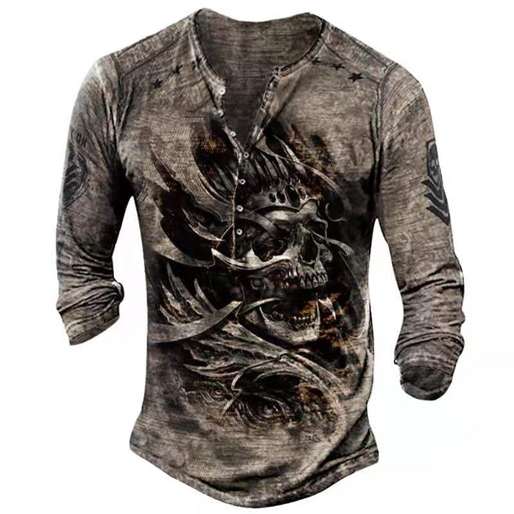 Unik herre t-skjorte med lange ermer og retro skull design. Distinkt stil for menn.