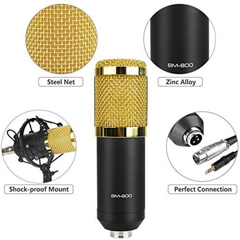 Alle komponenter i mikrofonsettet: BM800 mikrofon, arm, popfilter, shock mount for komplett oppsett.