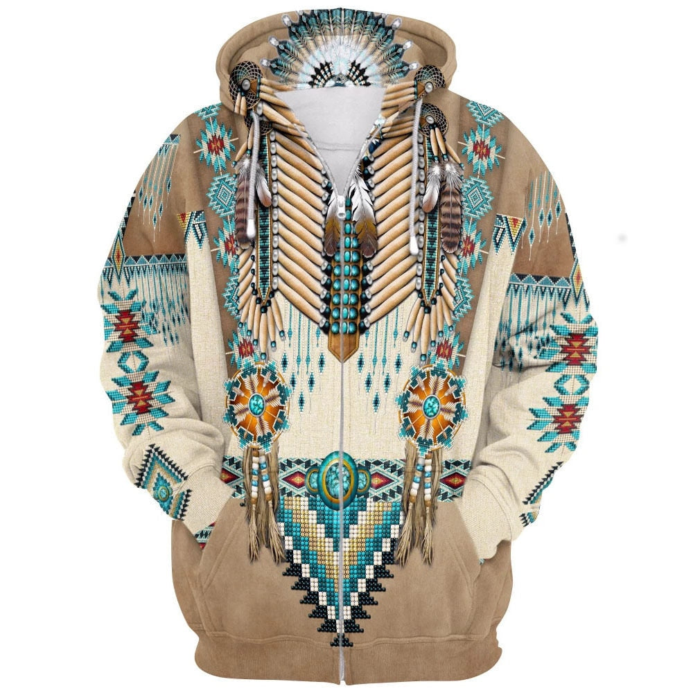 Varm unisex hettegenser med fargerikt indianerinspirert 3D-trykk. Ideell for casual hverdag.