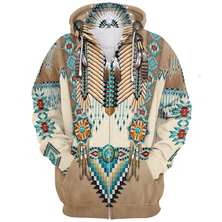 Varm unisex hettegenser med fargerikt indianerinspirert 3D-trykk. Ideell for casual hverdag.