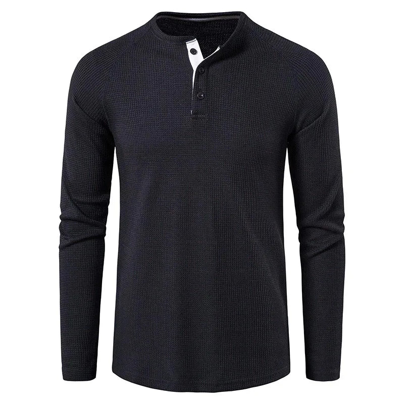 Komfortabel vaffelstrikket bomulls Henley t-skjorte for menn, lang erm.