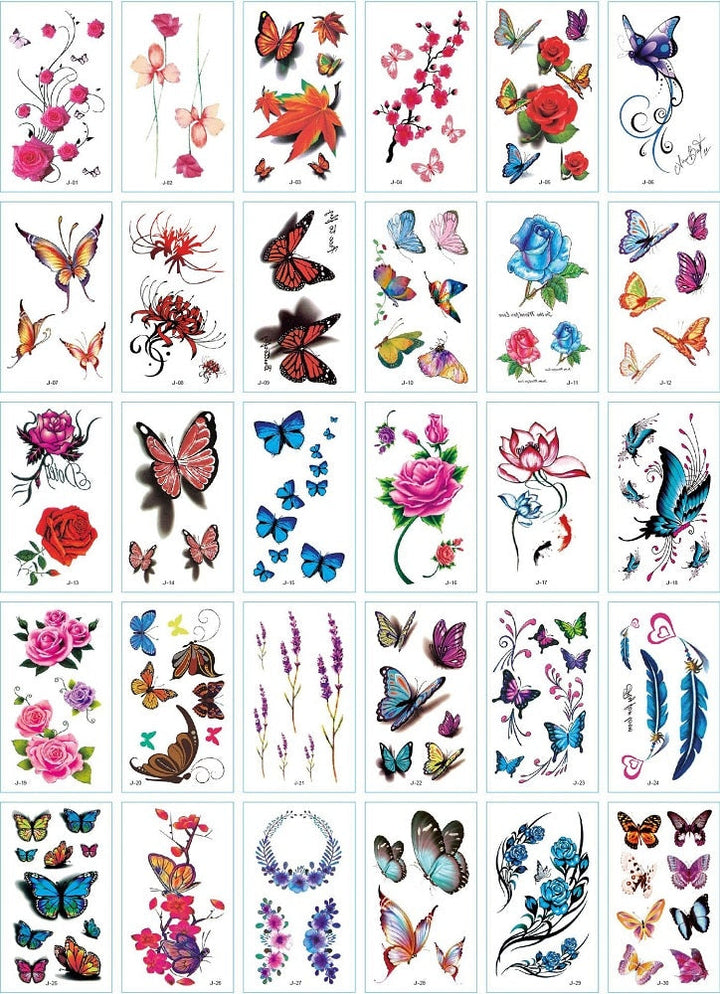 Utvalg av 3D midlertidige tatoveringer. Realistiske sommerfugler og blomster for DIY kroppsdekorasjon.