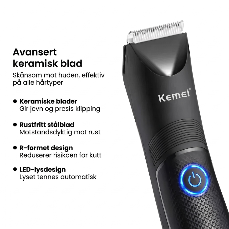 Vanntett helkroppstrimmer med keramisk blad, ideell for bruk i dusjen og enkel rengjøring.