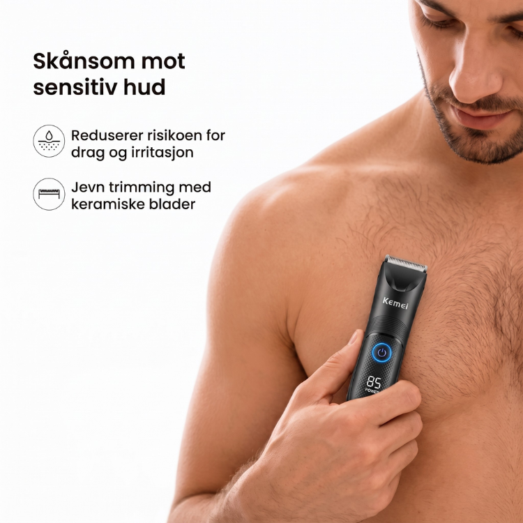 Skånsom intimbarbering med unisex helkroppstrimmer og keramisk blad for irritasjonsfri personlig pleie.
