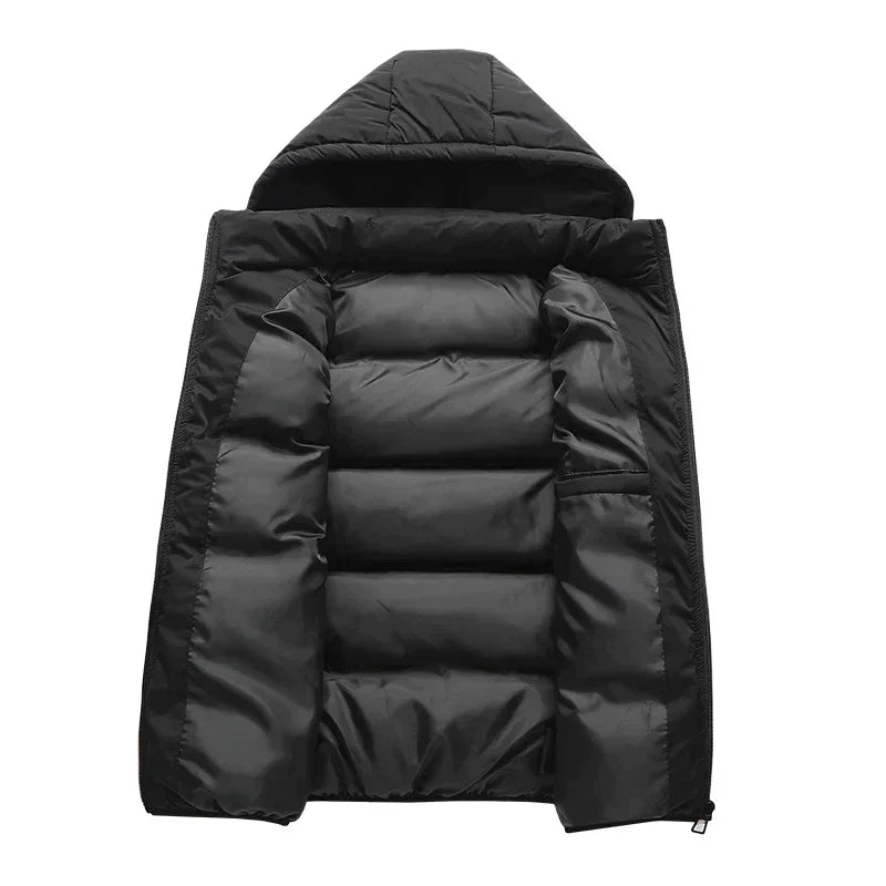 Stilig polyester vintervest for menn med avtakbar hette, et trendy og varmt ytterplagg.