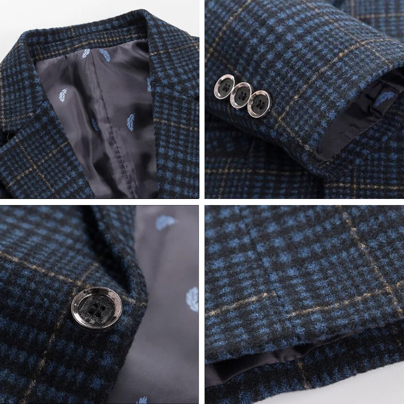Stilig blå herreblazer med klassisk snitt, ideell for kontorstil eller festantrekk.
