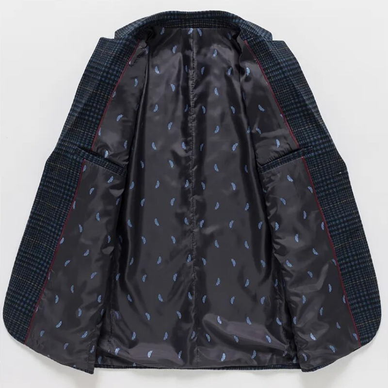 Grå, skreddersydd herreblazer med elegant design, perfekt for et sofistikert uttrykk.