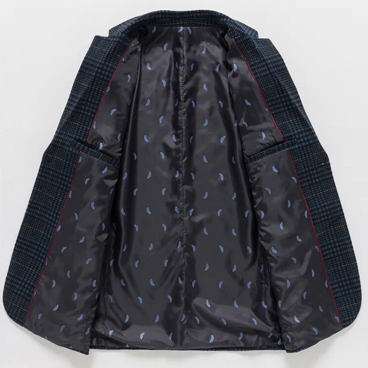 Grå, skreddersydd herreblazer med elegant design, perfekt for et sofistikert uttrykk.