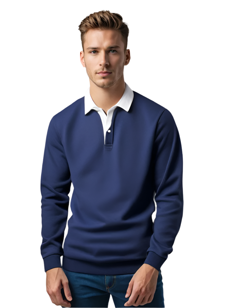 Herregenser med knappestolpe i elegant business casual stil. Perfekt for jobb og fritid.