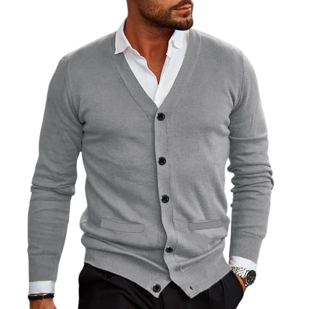 Elegant herre cardigan med V-hals og knapper. Perfekt for lag på lag, kontor eller fritid. Allsidig stil.